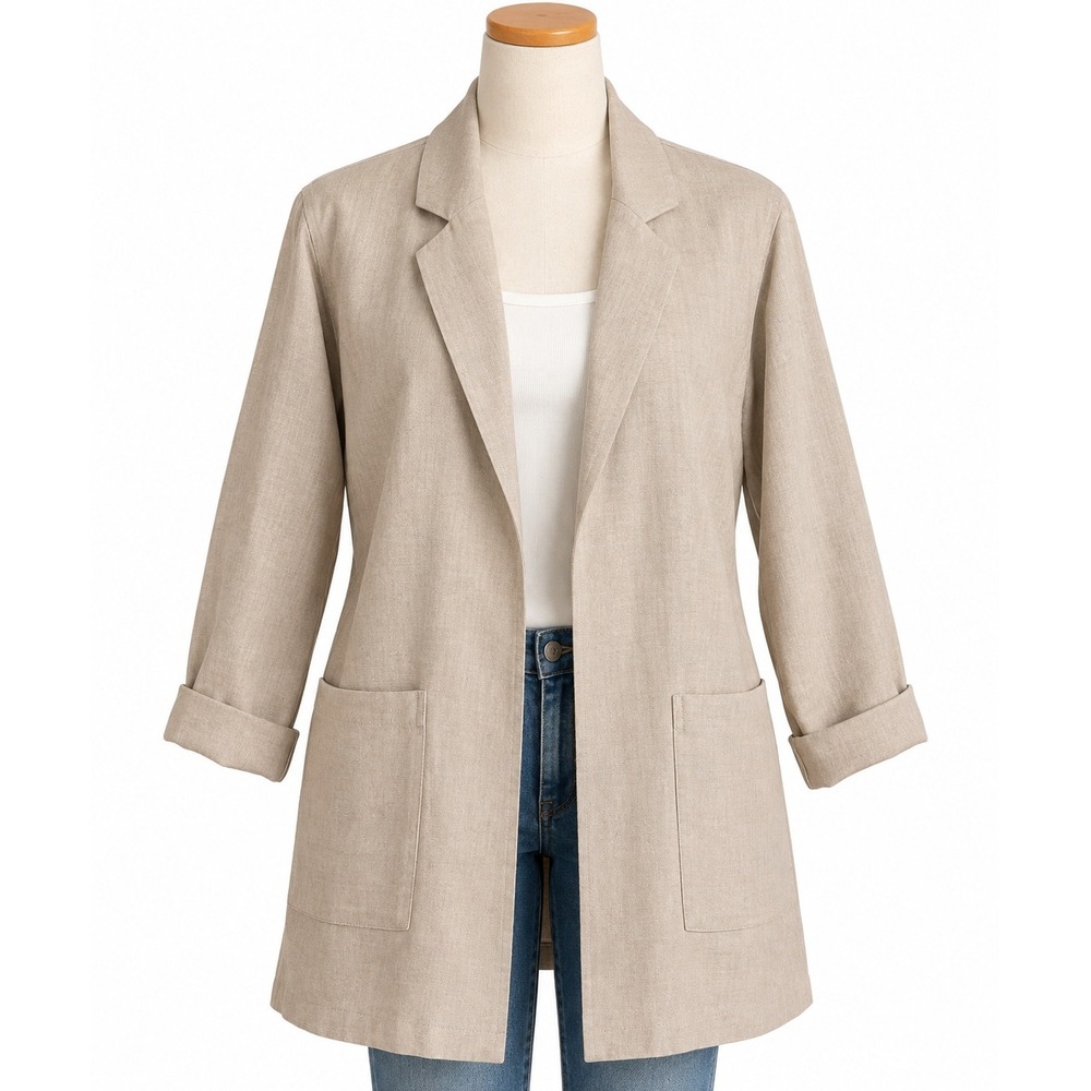 Eileen Fisher Organic Linen Open Front Longline Blazer Beige Large